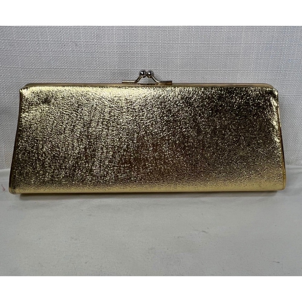 Vintage P&B USA Gold Metallic Kiss Lock Evening Clutch Bag Textured Formal
